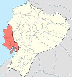 A map of the Manteno culture (red) within Ecuador (yellow). The eastern boundary was complex (not shown)