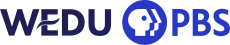 The letters W E D U, with the crossbar of the E formed by a stylized wave, in navy; the PBS network logo and letters P B S in blue.