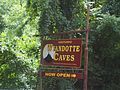 A red sign with yellow letters that read "Historic Wyandotte Caves Indiana Department of Natural Resources Division of Forestry Now Open". The sign also has a drawing of Monument Mountain.