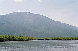 Bolshoy Khanton mountain rising above the village