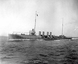 USS Ericsson (DD-56), Steaming at 19.93 knots during Run No. 10 of builder's trials, 18 May 1915. Her armament has not yet been installed.