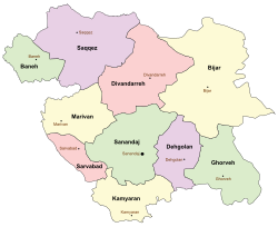 Location of Qorveh County in Kurdistan province (right, green)