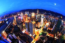 Nightview over the impressive Yuzhong skyline in Chongqing.