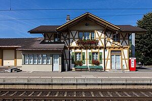 Two-story building with gabled roof