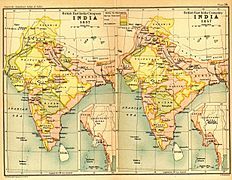 India in 1837 and 1857, showing East India Company-governed territories in pink.