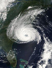 A satellite image of a well-organized hurricane featuring a circular area of clouds with a partially cleared eye in the middle.