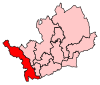 A medium sized constituency. It is long and thin in shape, stretching from the northwest to the southwest of the county.