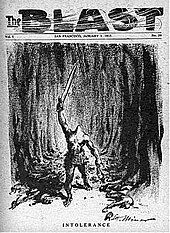 A magazine cover with the caption "Intolerance" shows a headless giant with a sword in one hand and a severed human head in the other