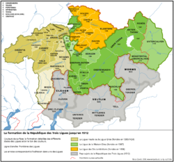 The Grey League, shown in shades of brown within the Three Leagues. The League of the Ten Jurisdictions is shown in orange, the League of God's House in green and subject territories, subsequently lost, in grey.