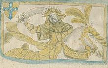 Wulfric seated on a horse, wielding a sword and clad in mail