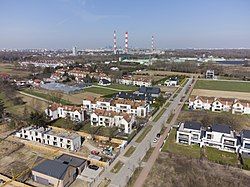 Residential buildings at Bruzdowa Street in Nadwilanówka, in 2021.