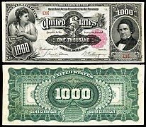 Obverse and reverse of an 1891 one-thousand-dollar silver certificate depicting William L. Marcy