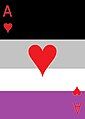 An ace of hearts used to symbolize romantic asexuality; note that it is colored like the asexual flag except for the red, and that red and hearts are traditional symbols of romance.