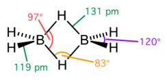 Stereo skeletal formula of diborane with all explicit hydrogens added and assorted measurements