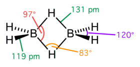 Diborane. The two central hydrogen atoms are simultaneously bonded to both boron atoms in 3c-2e bonds.