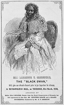 Engraving of a Black woman in an extravagant white gown and veil. Text below the image reads "Miss Elizabeth T. Greenfield, the "Black Swan," will give our Grand Concert prior to her departure for Europe at Metropolitan Hall, on Thursday, 31st March, 1853