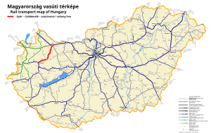 Route map of railways in Hungary showing the Győr–Celldömölk railway line