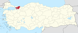 Kocaeli highlighted in red on a beige political map of Turkeym