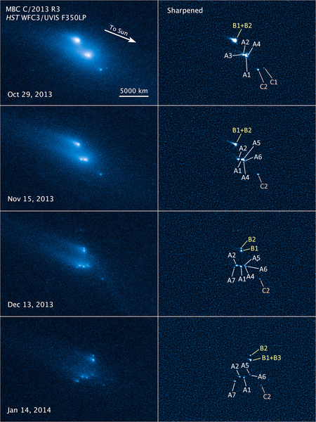 File:14060-Asteroid-P2013R3-Disintegration-20140306 annotated.png