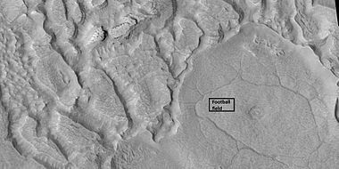 Ribbed terrain being formed from upper plains unit, as seen by HiRISE under HiWish program. Formation begins with cracks that enhance sublimation. Box shows the size of football field.