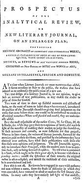 Page reads "Prospectus of the Analytical Review, or New Literary Journal, on an Enlarged Plan; Containing Scientific Abstracts of Important and Interesting Works; A General Catalogue of Such as are of Pres-Consequence, with short Characters; Notices, or Reviews of All Valuable Foreign Books; Criticisms on New Pieces of Music and Works of Art; and Literary Intelligence, Foreign and Domestic ..."