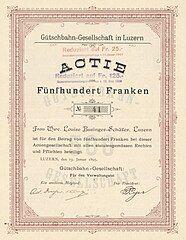 Share certificate of the Gütschbahn-Gesellschaft (founded 1895, wound-up 2007), issued 19. January 1895