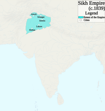 The Sikh Empire at its greatest extent c. 1839, under Ranjit Singh