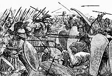 Black and white sketch of a battle. The Greeks wearing plumed helmets are to the left while the Persians with plain helmets are to the right. Shields are raised and spears can be seen thrusting or flying