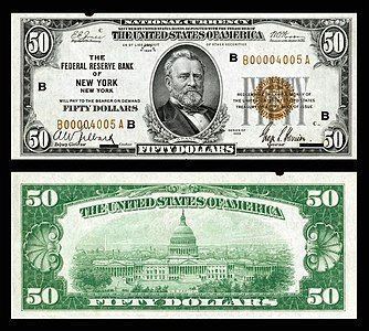 Fifty-dollar small-size banknote of the Federal Reserve Bank Notes, by the Bureau of Engraving and Printing