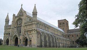 St Albans Abbey following restoration. A mix of architectural styles and a pitched roof.