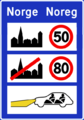 General speed limits Information board posted on border crossings on Norwegian national roads, Norwegian county roads and ferry terminals.