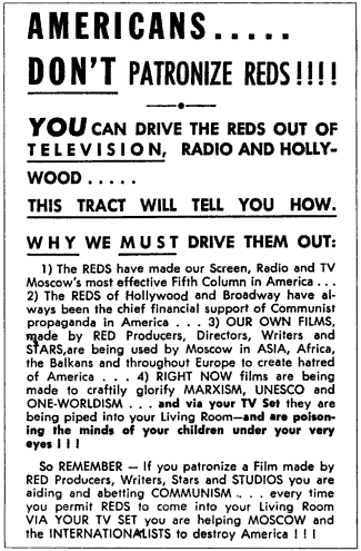 Anti-communist tract from the 1950s, decrying the "REDS of Hollywood and Broadway"