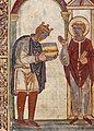 Image 37Frontispiece of Bede's Life of St Cuthbert, showing King Æthelstan presenting a copy of the book to the saint himself. c. 930 (from History of England)