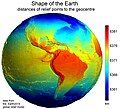 Image 32Earth's western hemisphere showing topography relative to Earth's center instead of to mean sea level, as in common topographic maps (from Earth)