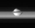 Equatorial view of Pan from Cassini, with the rings of Saturn surrounding the moon.