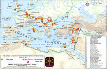 A map of the Mediterranean labeled 'THE ROMAN LEGIONS BY THE END OF SEPTIMIUS SEVERUS' RULE'.