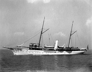 Wadena, the steam yacht of J. H. Wade II, is seen underway on 15 July 1897. Wadena was converted to a patrol boat for the United States Navy during World War I