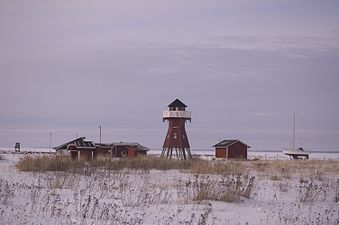 Buildings and the birdwatching tower at Varessäikkä harbour, Siikajoki, Finland