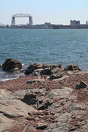 The bridge dominates the Canal Park skyline. (2005)