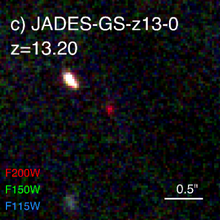 Color composite JWST NIRCam image of distant galaxy JADES-GS-z13-0. An initial sample of four z>10 galaxies was spectroscopically confirmed by Curtis-Lake et al. at redshifts z~10.4-13.2. The most distant galaxies at z=13.20 and z=12.63 are newly discovered by JADES NIRCam imaging, while the z=10.38 and z=11.58 galaxies confirm previous photometric redshift estimates from the literature. The yellow-orange-red colours reflect the absorption of the F115W and F150W fluxes of these distant galaxies by the intervening intergalactic medium.