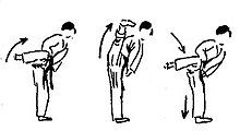 Illustration demonstrating the steps of Mawashi geri