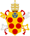 Leo X (1513-1521), the first of the Medici popes. The "augmented coat of arms of the House of Medici, Or, five balls in orle gules, in chief a larger one of the arms of France (viz. Azure, three fleurs-de-lis or) was granted by Louis XI in 1465.[24]