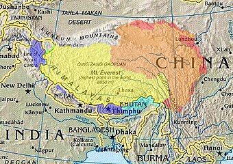 Cultural/historical Tibet (highlighted) depicted with various competing territorial claims