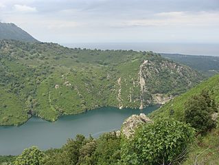 Looking northeast from Chiatra towards the dam, Tyrrhenian Sea in background