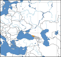 Map centered on the Caucasus indicating Abkhazia (orange) and Georgia proper and South Ossetia (grey).