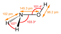 Stereo, skeletal formula of hydroxylamine with all explicit hydrogens added and assorted dimensions