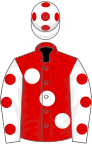 RED, large white spots, white sleeves, red spots, white cap, red spots