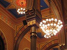 An arch and chandelier inside the synagogue