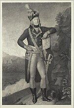 Black and white print of a man in a military uniform standing full length with a map in his left hand and a sword at his belt. He wears a dark coat, light-colored breeches, and a bicorne hat.