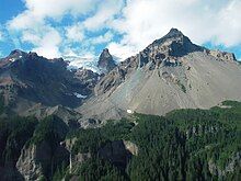 An aerial view of an ice-capped, scree-sloped mountain overlooking green trees.